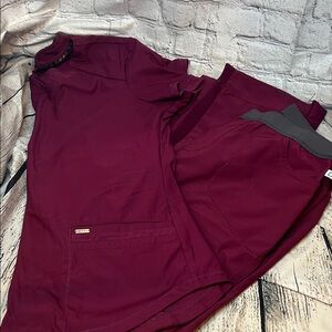 Cherokee Burgundy V-Neck Short Sleeve Scrub Top and Scrub Pants